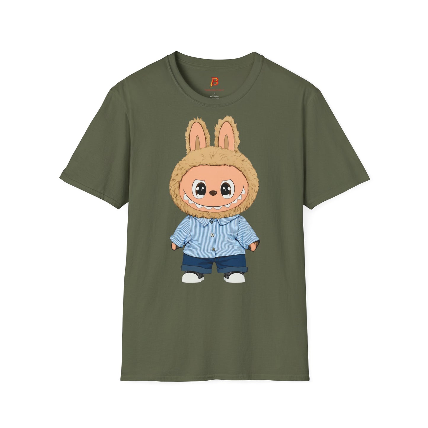 T-Shirt Unisex Labubu Softstyle – Design Kawaii con Camicia a Righe Azzurre.