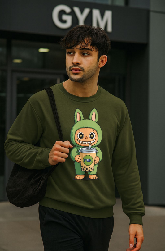 Felpa Unisex Labubu Bubble Tea – Sweatshirt Verde Streetwear Heavy Blend.