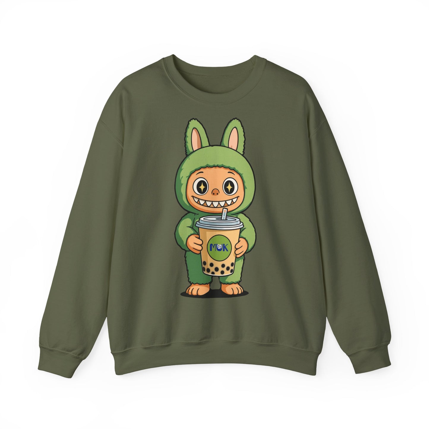 Felpa Unisex Labubu Bubble Tea – Sweatshirt Verde Streetwear Heavy Blend.
