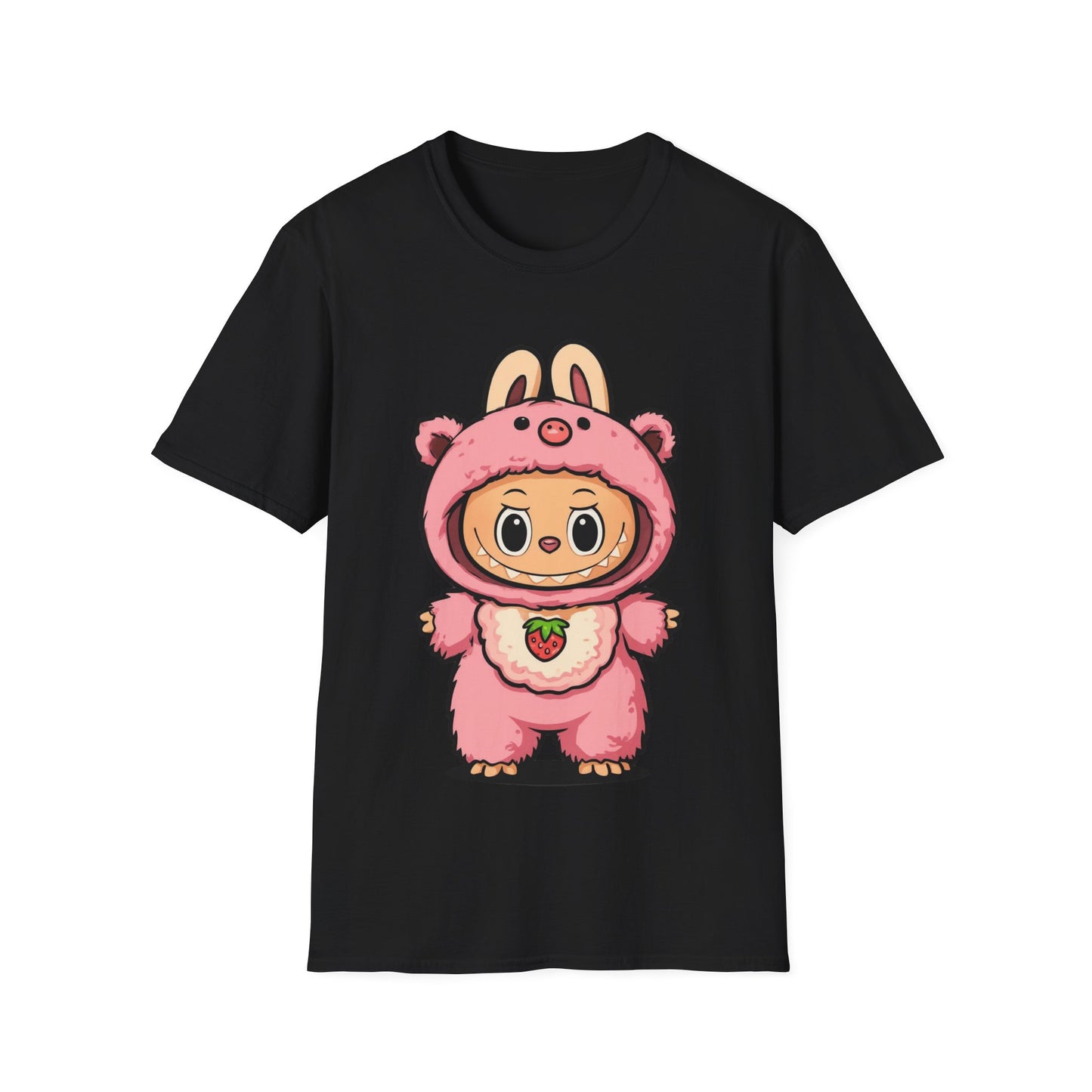 T-Shirt Unisex Labubu Softstyle – Outfit Cartoon Kawaii Rosa Orsetto Fragola.