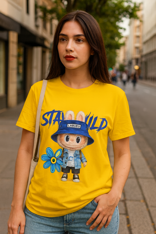 T-Shirt Unisex Labubu Softstyle – Design Kawaii Streetwear con Fiore “Stay Wild”.