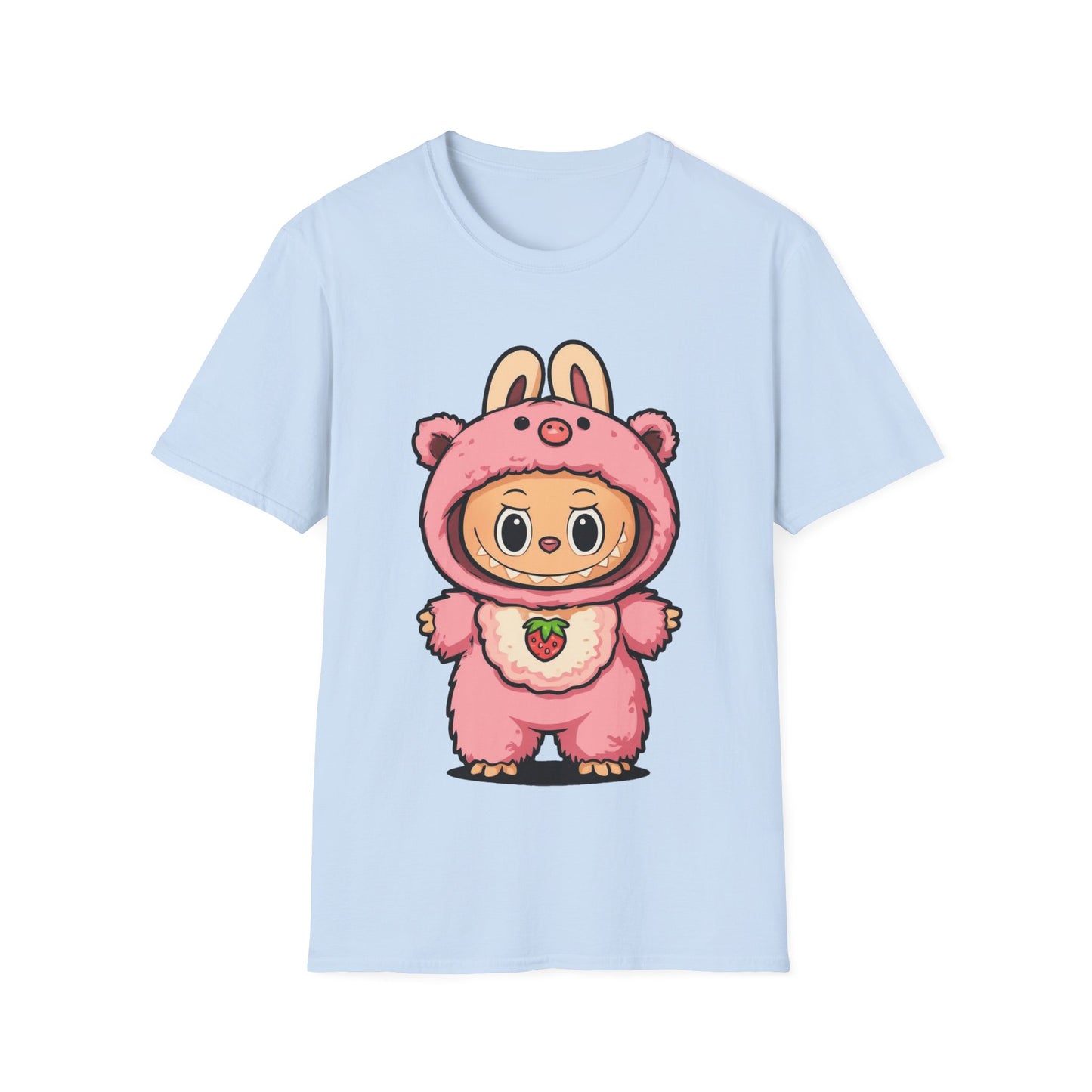 T-Shirt Unisex Labubu Softstyle – Outfit Cartoon Kawaii Rosa Orsetto Fragola.