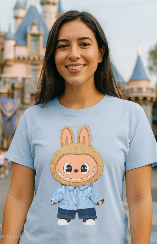 T-Shirt Unisex Labubu Softstyle – Design Kawaii con Camicia a Righe Azzurre.
