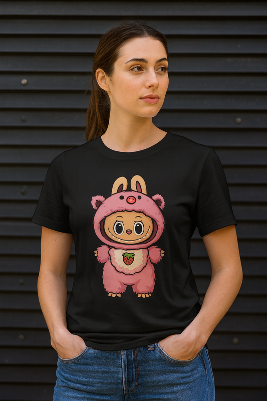 T-Shirt Unisex Labubu Softstyle – Outfit Cartoon Kawaii Rosa Orsetto Fragola.