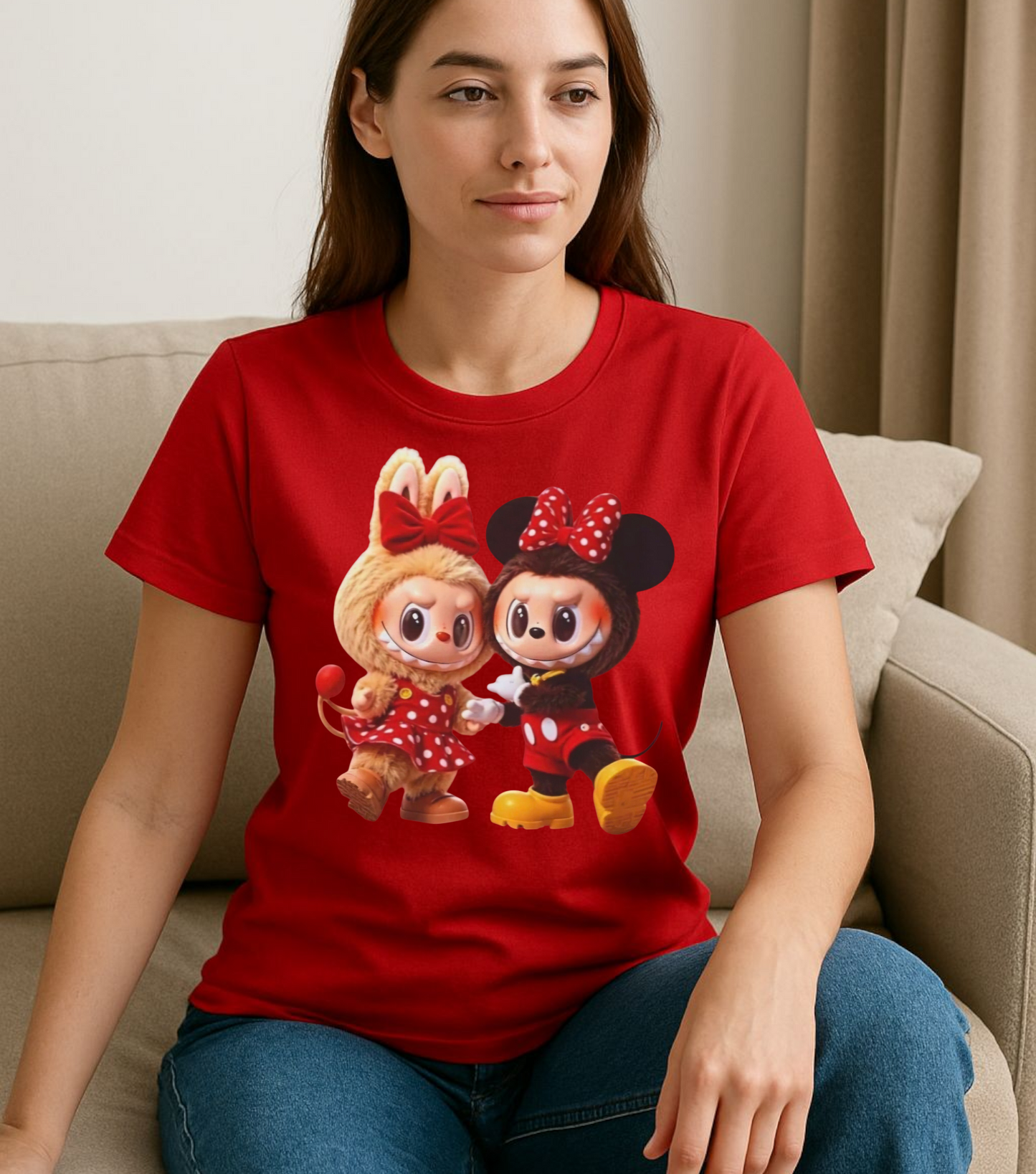 T-Shirt Unisex Labubu Softstyle  – Design Kawaii Coppia in Stile Minnie & Mickey.