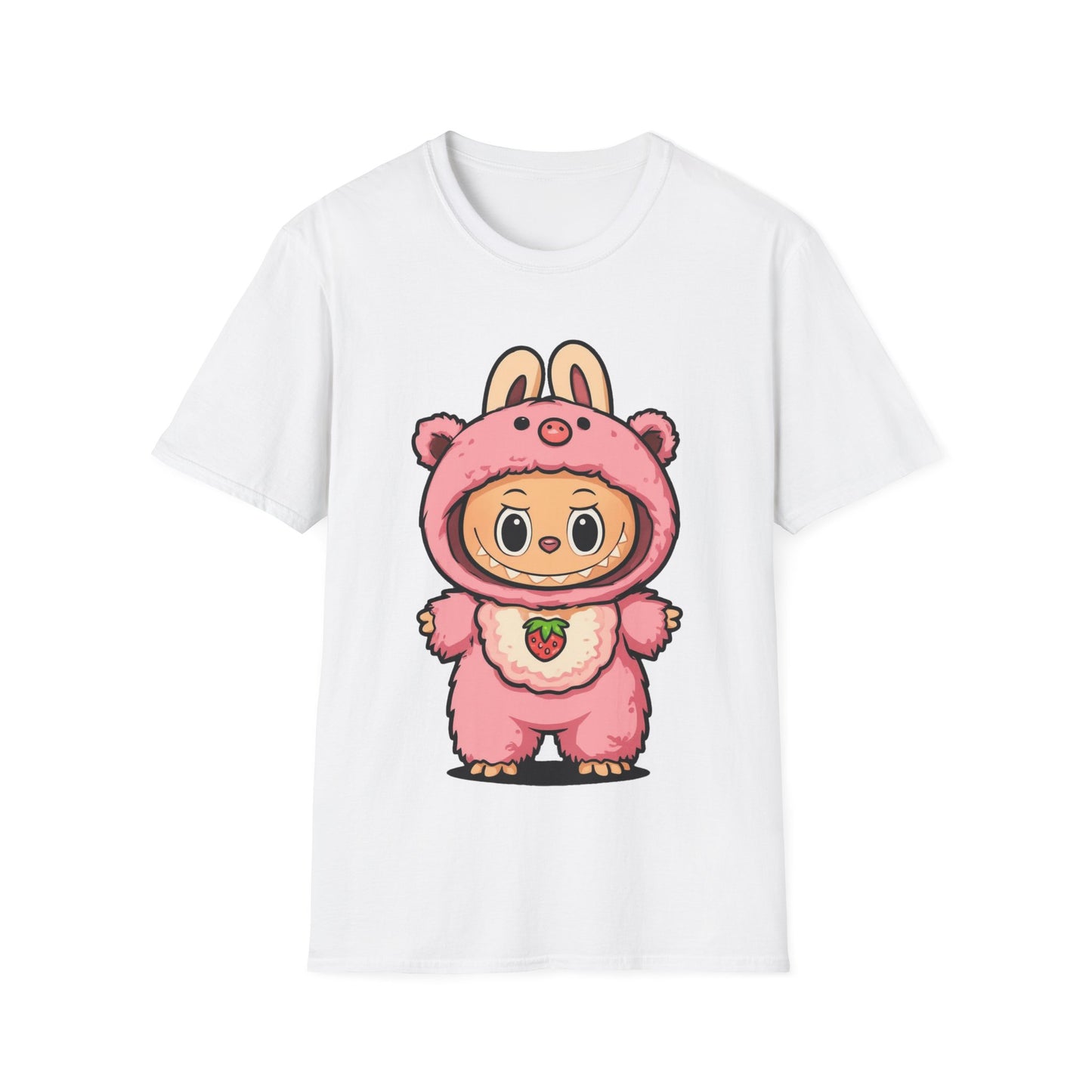 T-Shirt Unisex Labubu Softstyle – Outfit Cartoon Kawaii Rosa Orsetto Fragola.