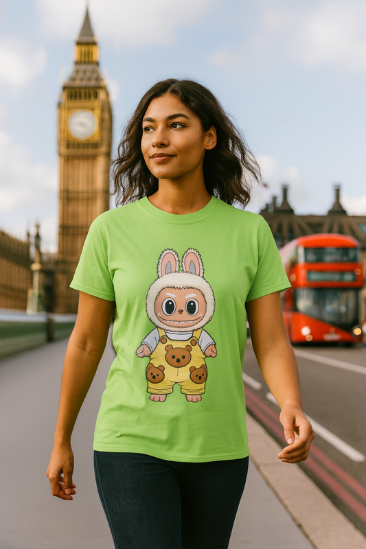 T-Shirt Unisex Labubu Softstyle – Design Kawaii con Salopette Orsetto.