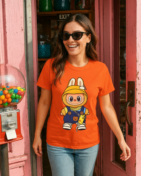 T-Shirt Unisex Labubu Softstyle – Design Kawaii con Cappello e Salopette.