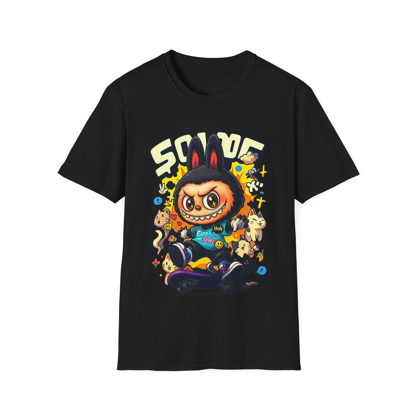 T-Shirt Unisex Labubu Softstyle  – Design Kawaii Streetwear con Skateboard.